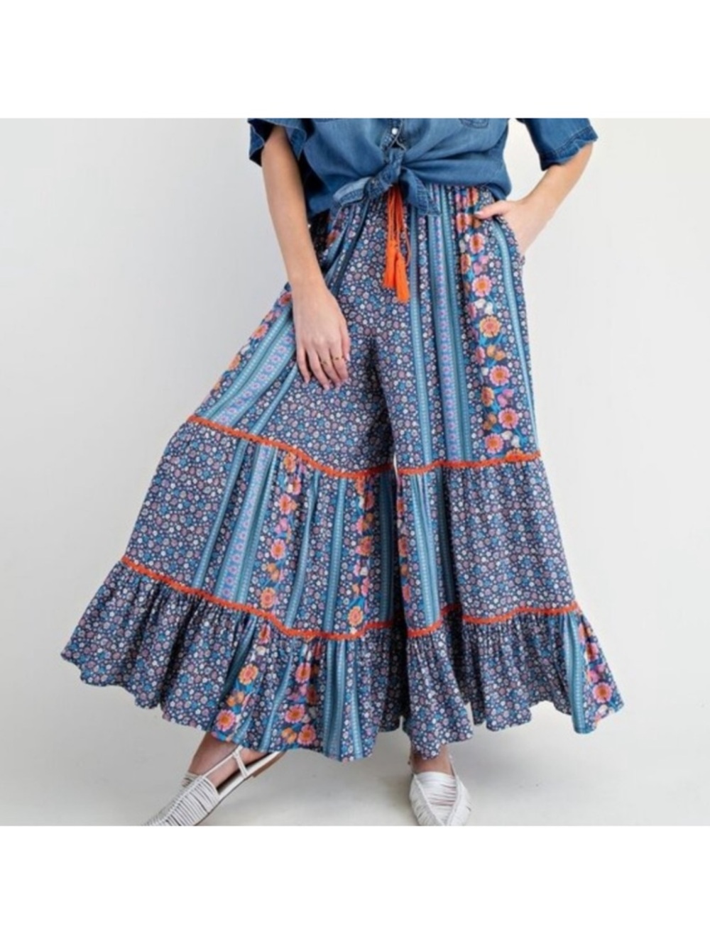easel Blue Floral Patchwork Wide leg boho pants  with Orange Trim NWOT - Picture 2 of 15